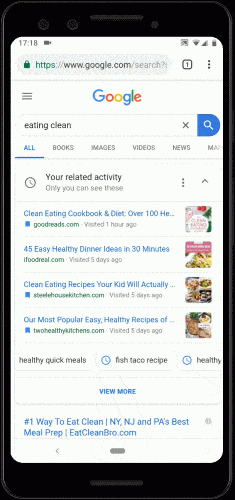 Tarjetas de Actividad de Google. Guardar búsqueda.